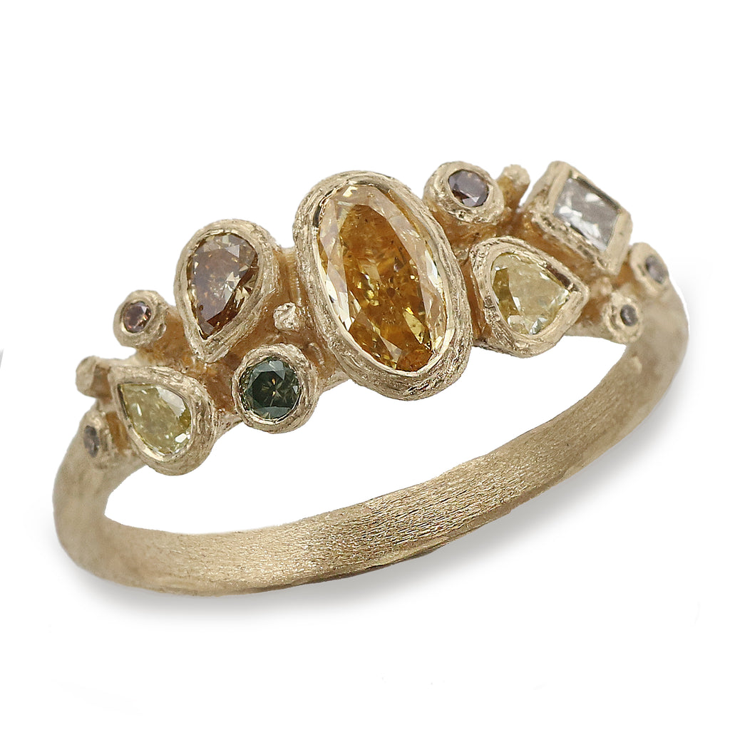 Collaboration 18ct Fairtrade Yellow Gold Ring set with Coloured Diamonds