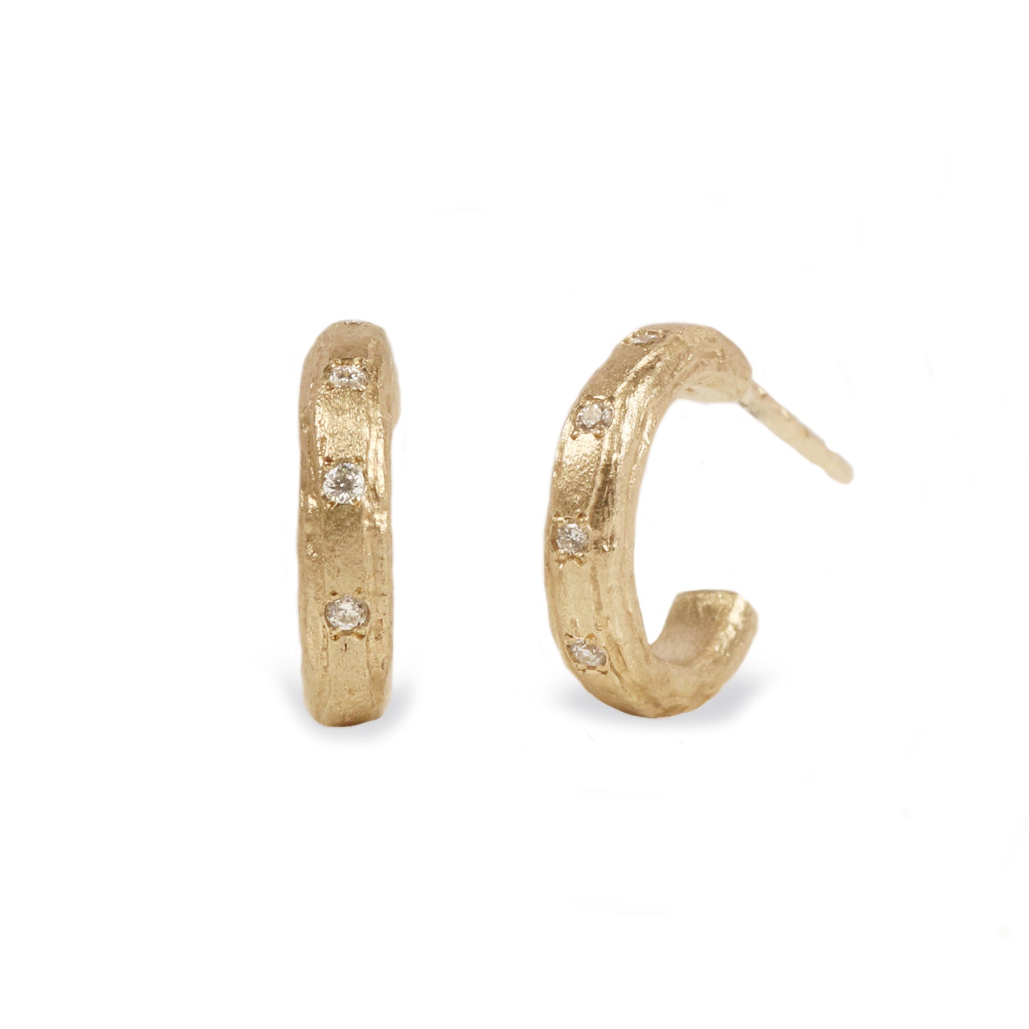 Small Yellow Gold and Diamonds Strata Textured Ear Hoops