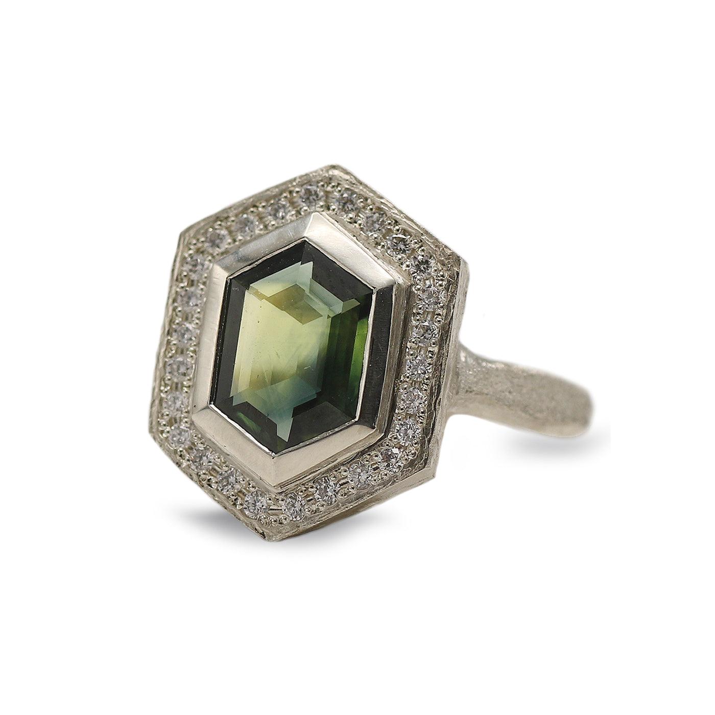 Bespoke - Hexagon Sapphire and Diamond Ring in 9ct Fairtrade White Gold