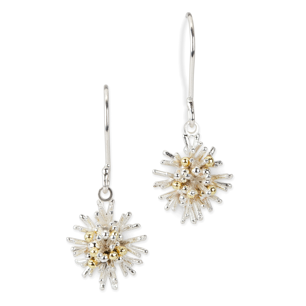 Hannah Bedford Silver Sea Urchin Drop Earrings with 18ct yellow gold