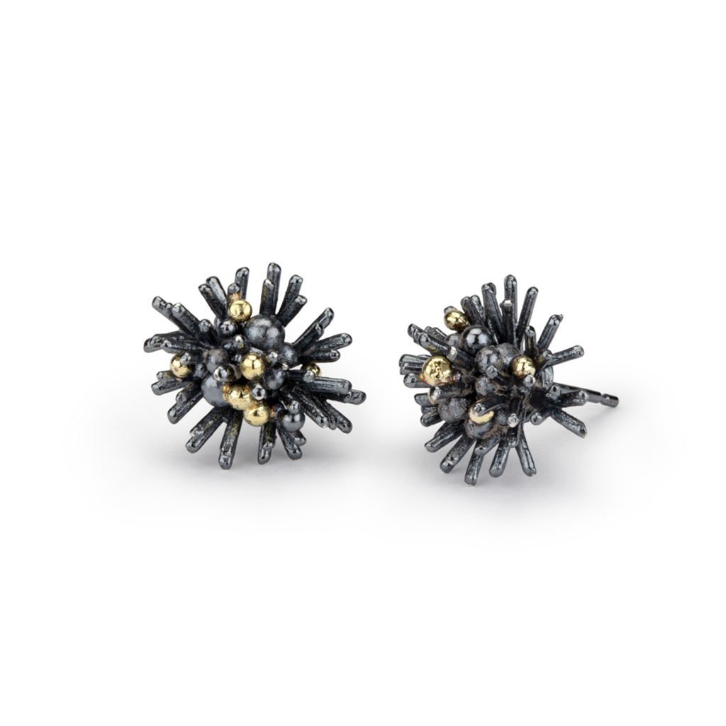Hannah Bedford Oxidised Silver Sea Urchin Ear Studs with 18ct yellow gold