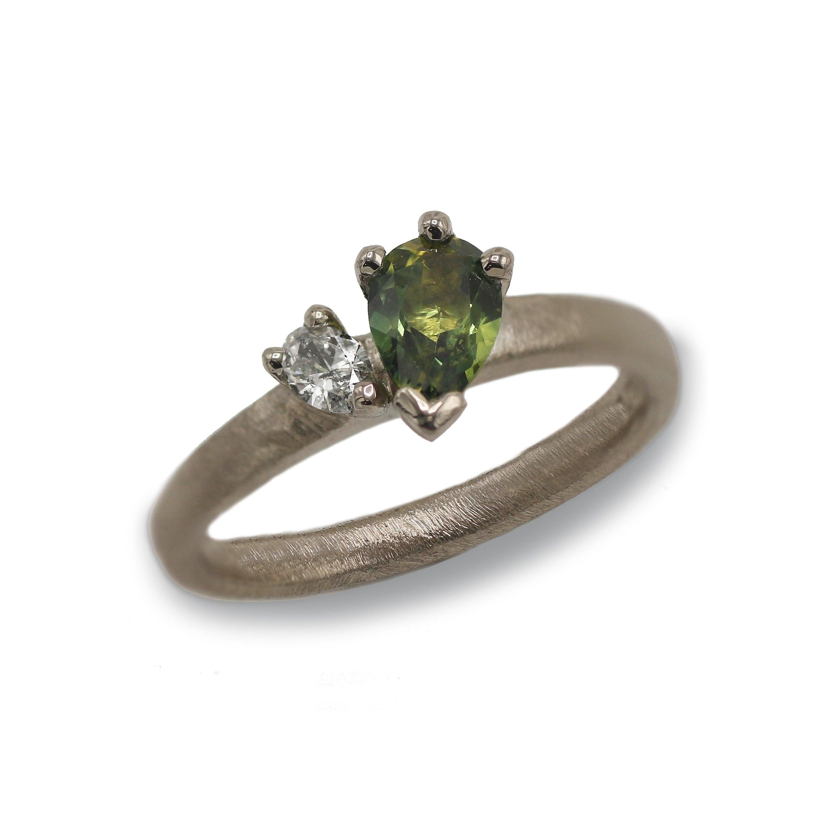 Bespoke - 14ct White Gold Ring with a Pear Diamond and Australian Sapphire