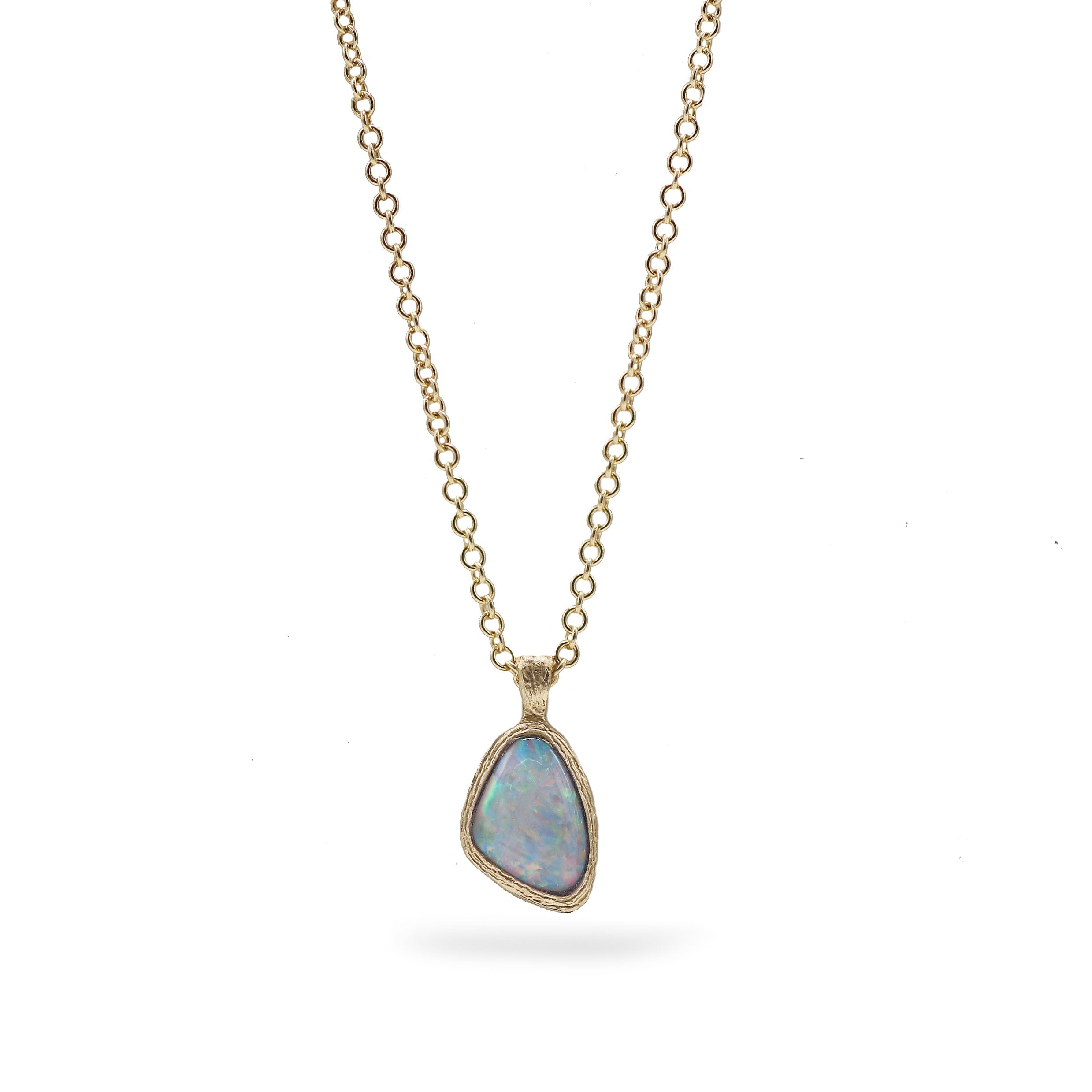 Textured Yellow Gold Pendant Set With A Freeform Australian Opal Worn On Model 