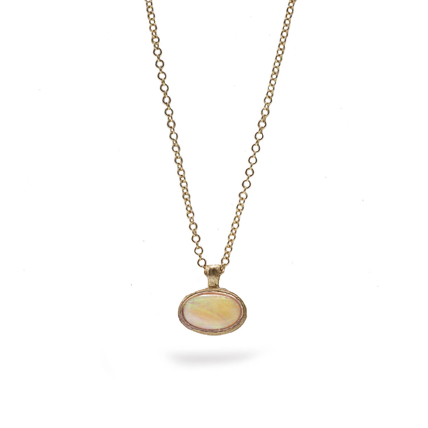 Textured Yellow Gold Pendant With Australian Opal on a white background. 