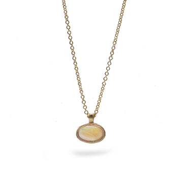Textured Yellow Gold Pendant With Australian Opal on a white background. 