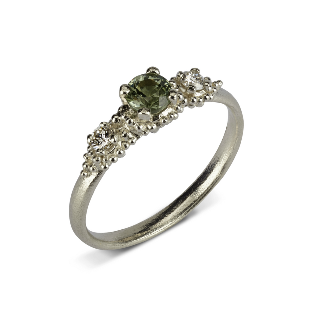 Hannah Bedford Diamond and Green Sapphire 9ct White Gold Triple Cluster Ring