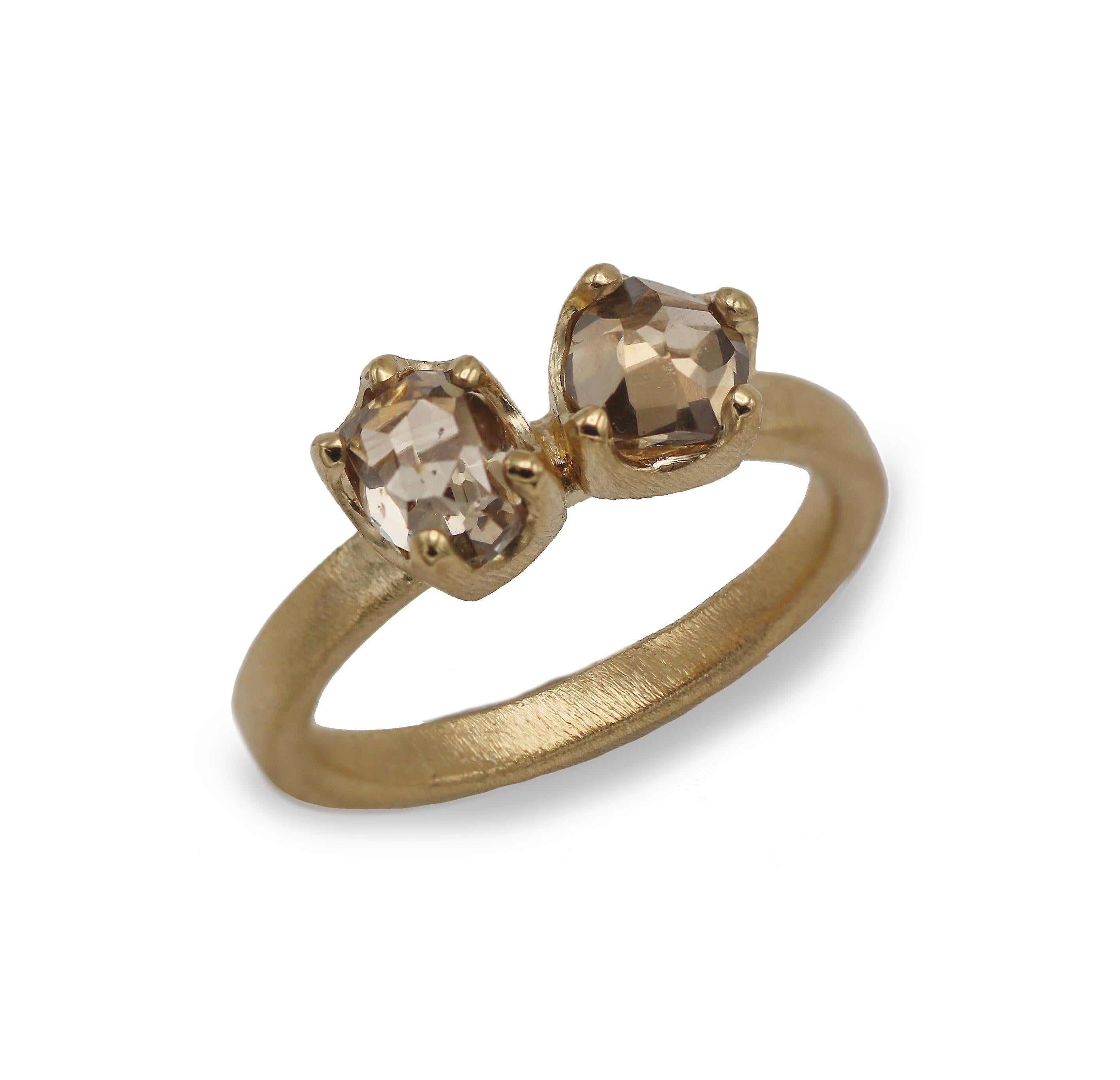 Two champagne diamonds ring made from rich 18ct yellow gold. Modern Two stone ring. 