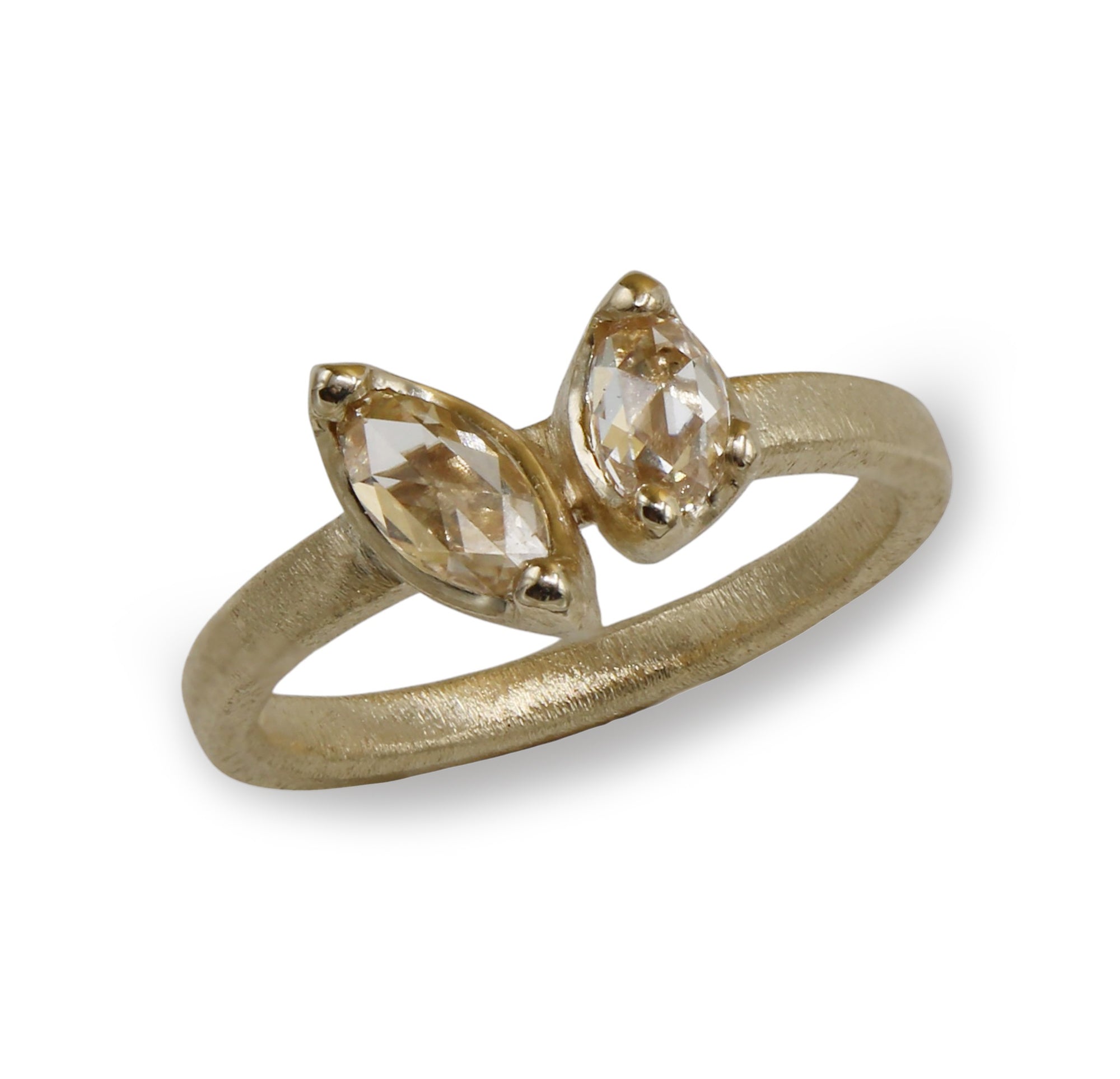 Yellow Gold Toi et Moi Ring Set with Rose Cut Freeform Diamonds on a white background 
