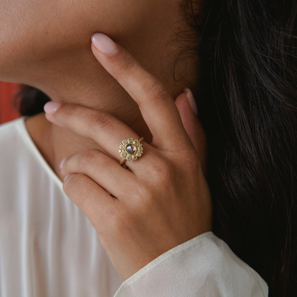 Yellow Gold Halo Ring set with Brown Freeform Diamonds