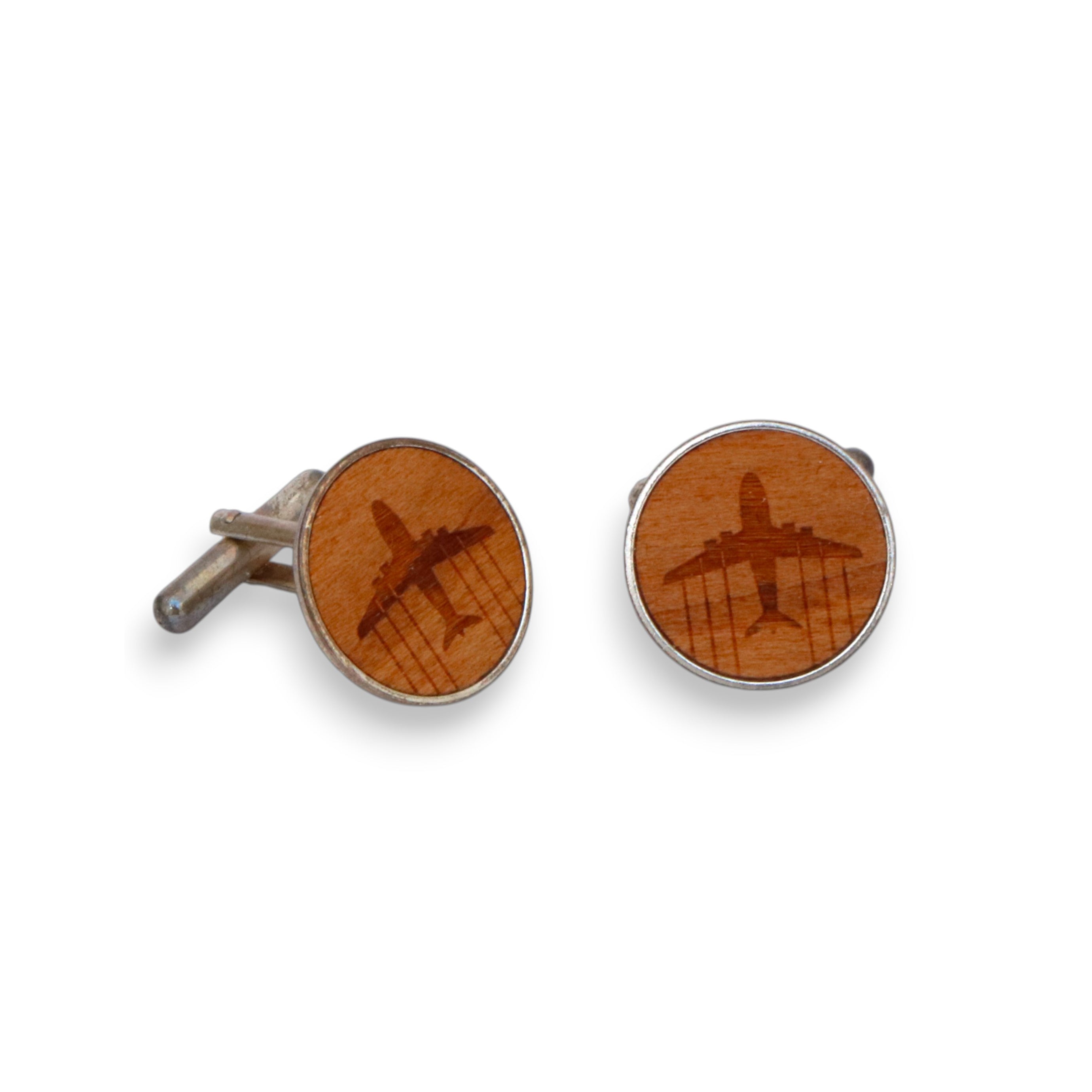 OUTLET - aeroplane silver cufflinks with wood inlay