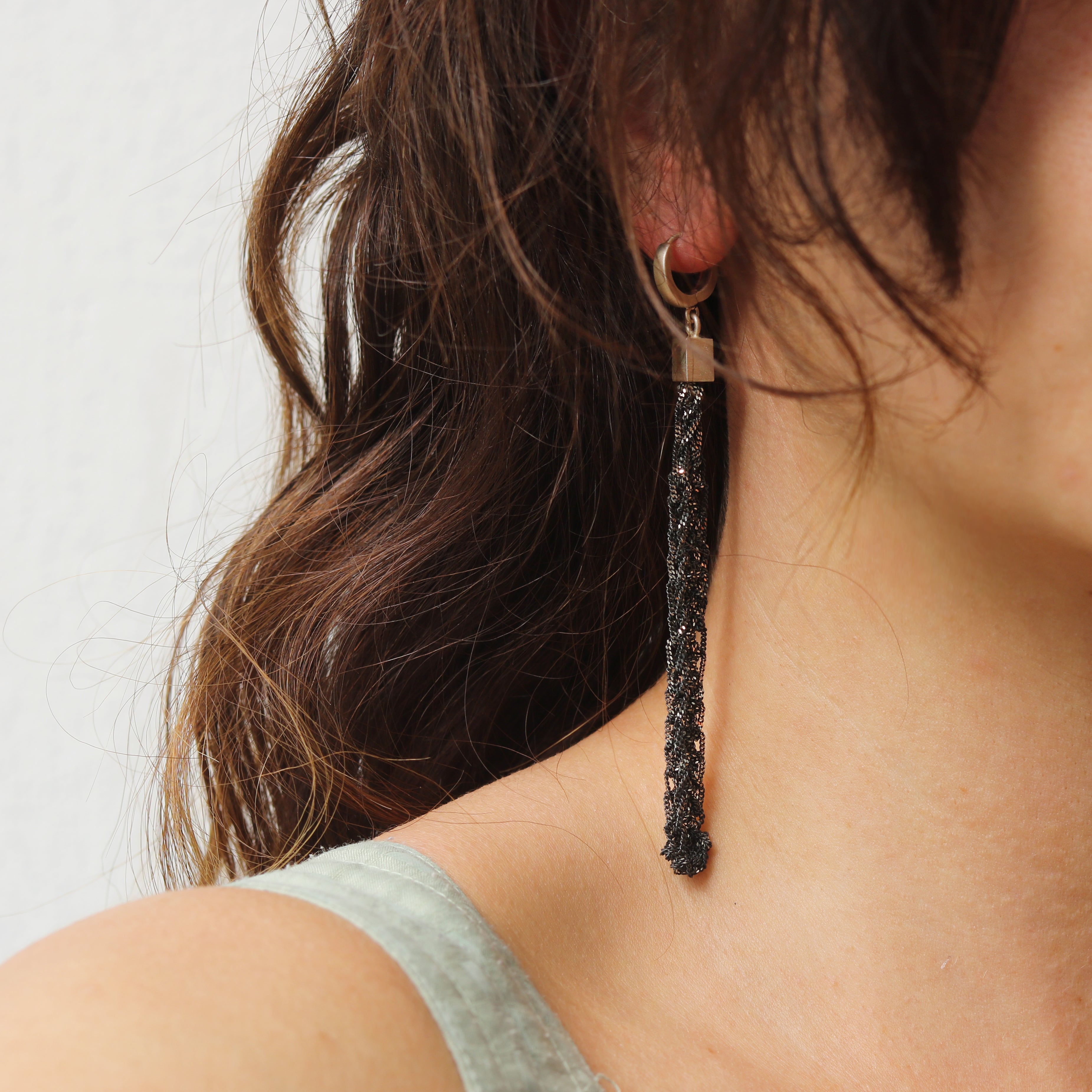 Maria Rzewuska Oxidised Silver Long Woven Chain Drop Earrings