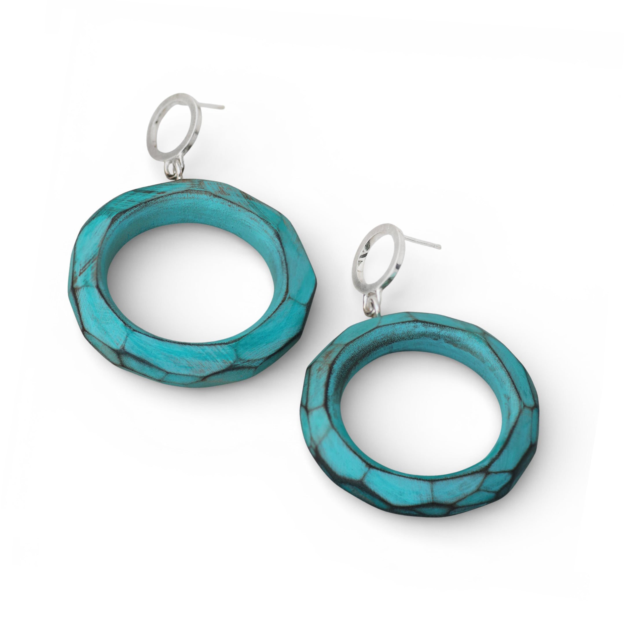 Cristina Zani Silver Turquoise Wooden Circle Drop Earrings