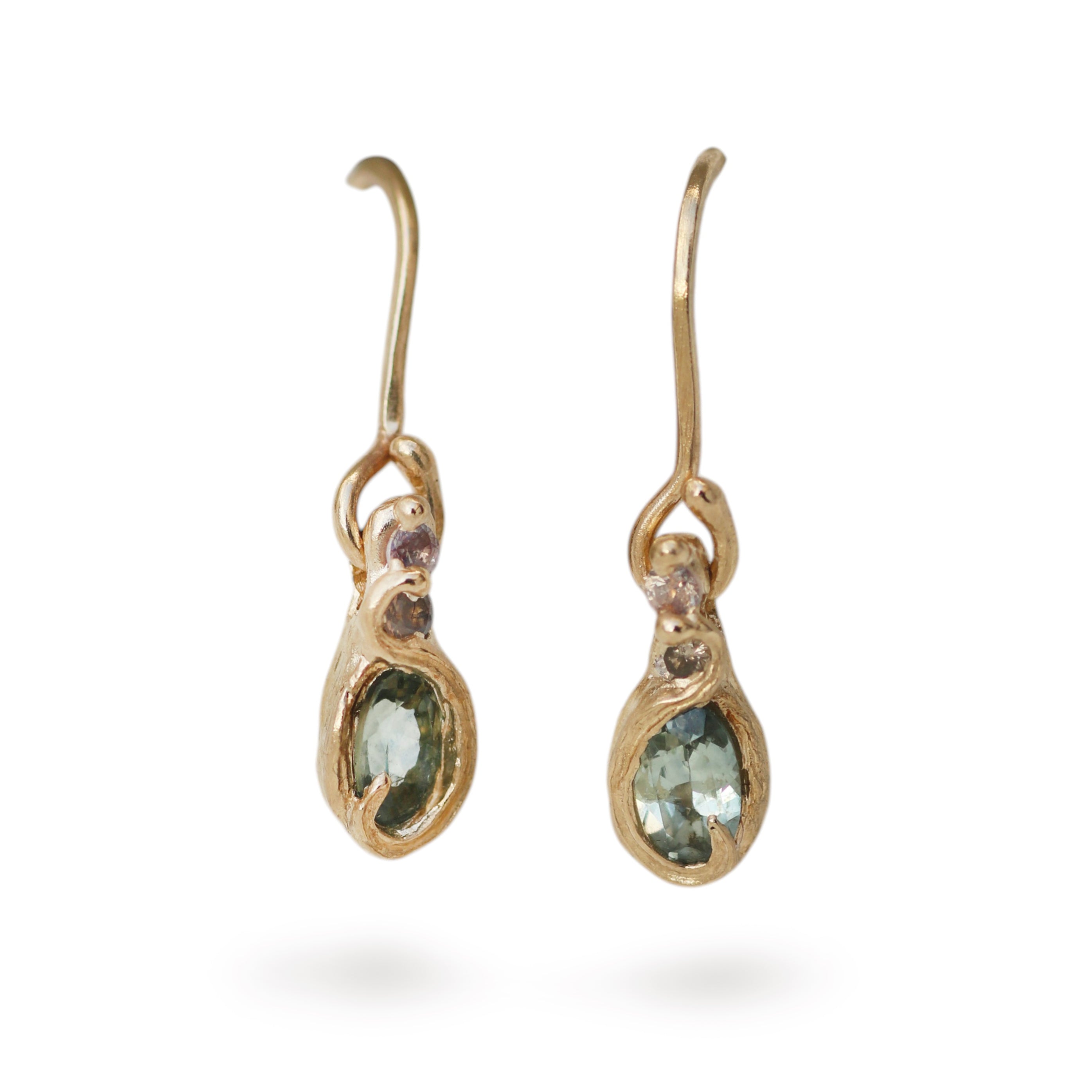 Charlotte Rowenna Sea Green Sapphire Drop Earrings in 9ct Yellow Gold