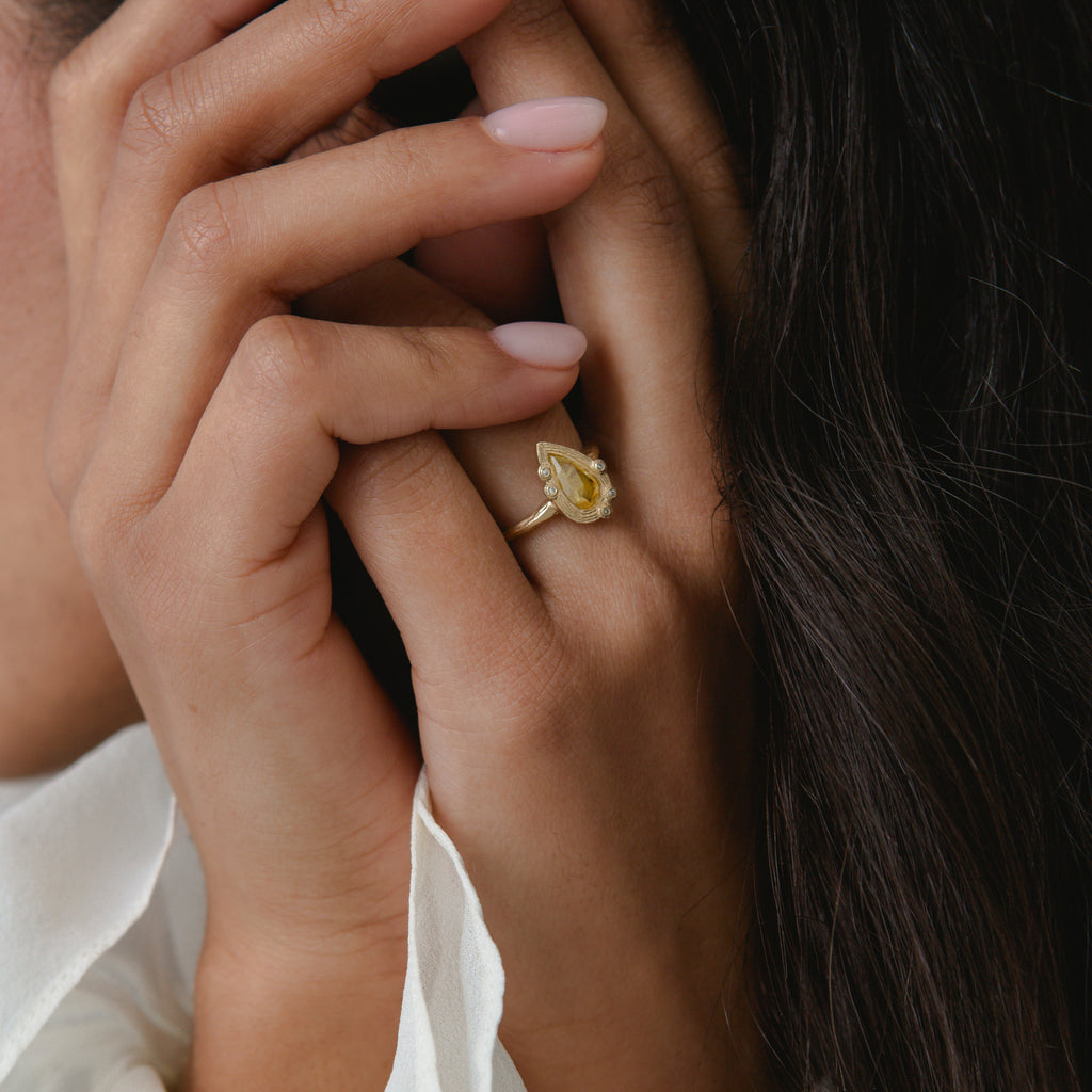 Yellow Gold Alternative Ring set with Yellow Pear Rose Cut Diamond