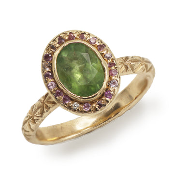 Ciara Bowles Green Tourmaline with Pink Sapphire Halo Gold Ring