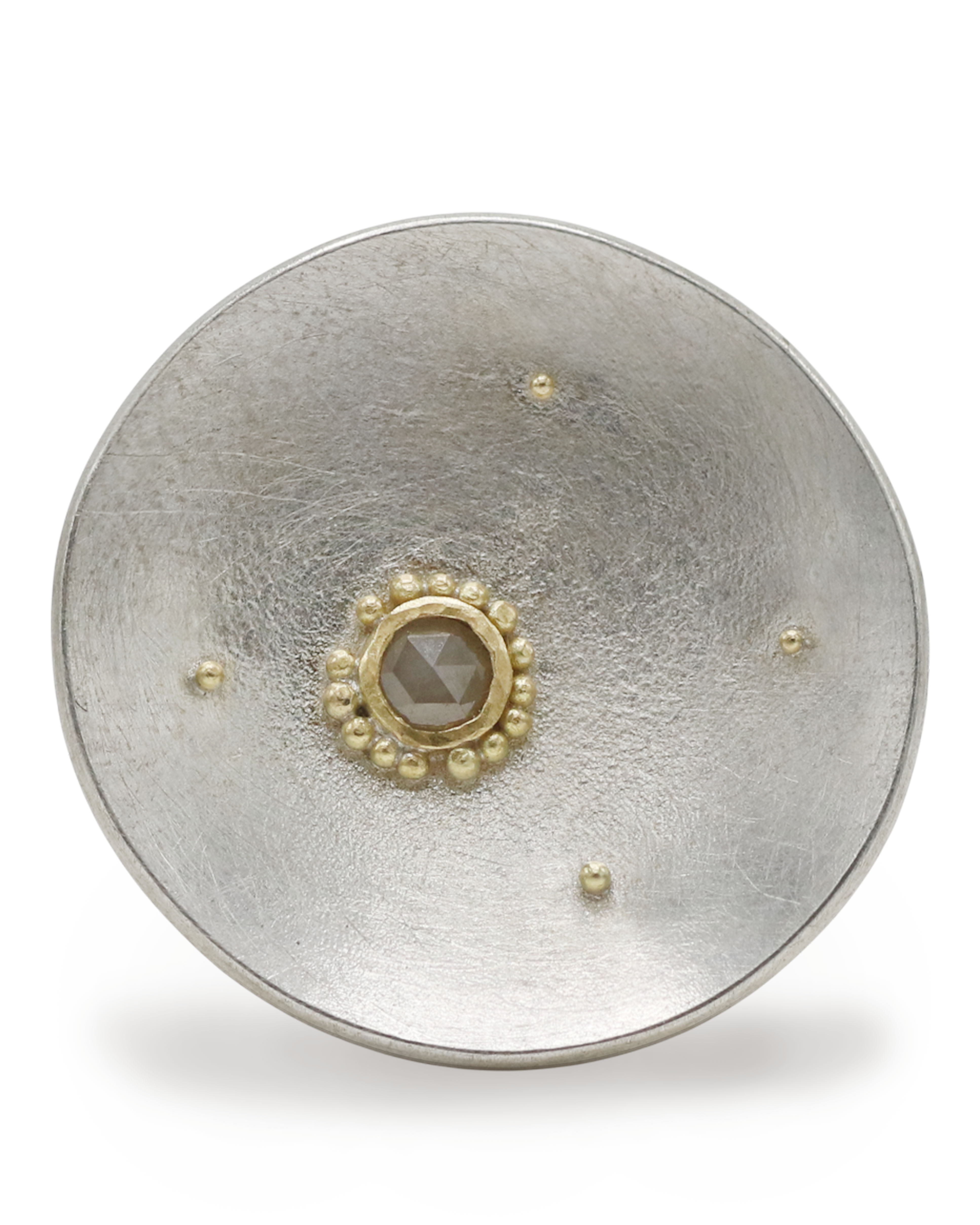 Jenifer Wall Silver Dish Ring with Grey Rose Cut Diamond and Yellow Gold Granules