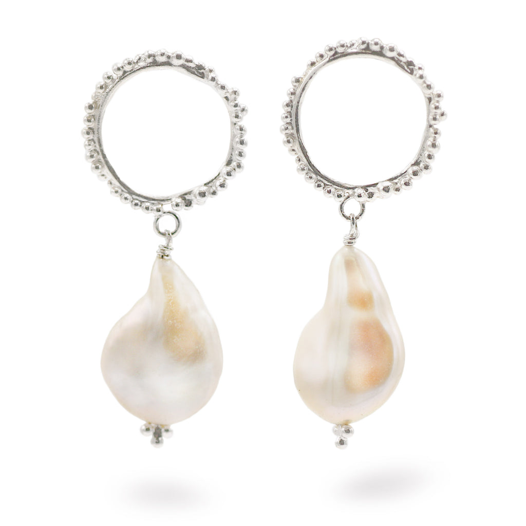 Milly Maunder Silver Halo Baroque Pearl Drop Earrings