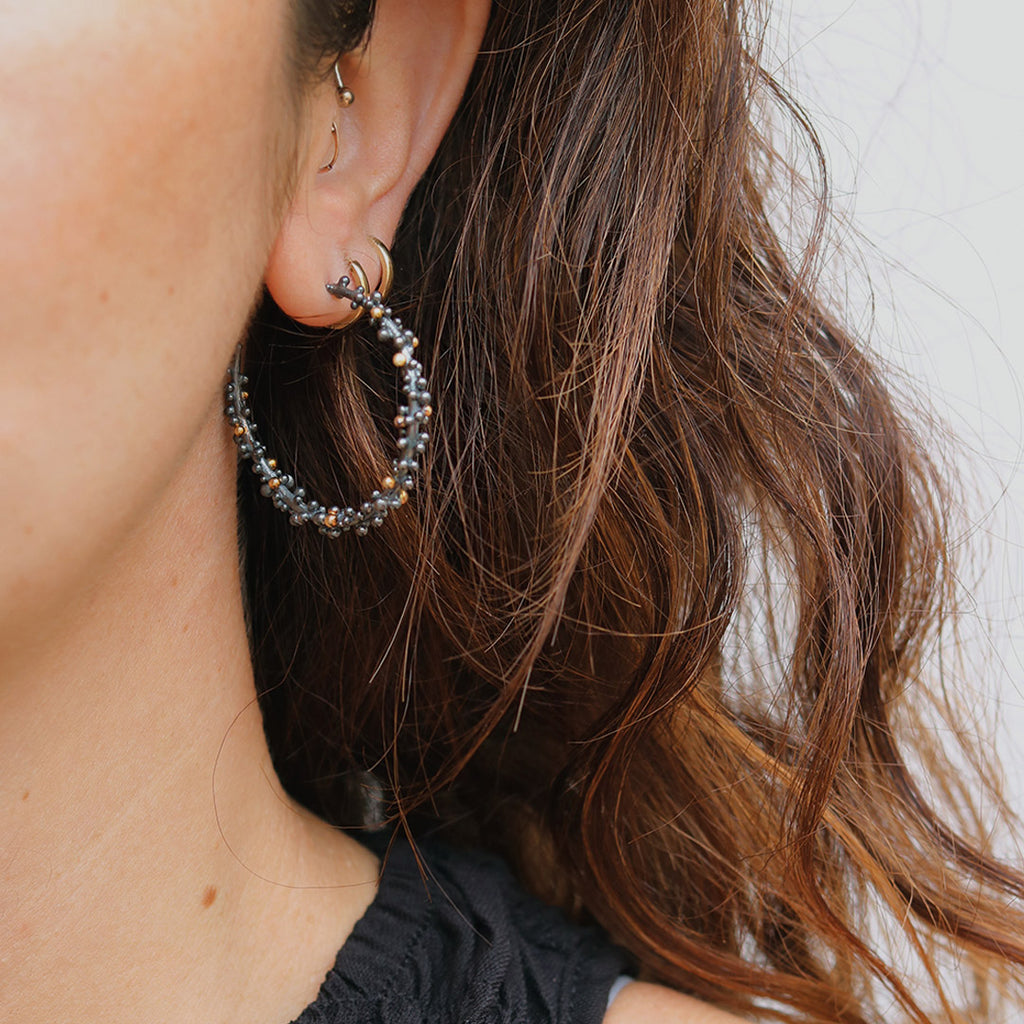 Hannah Bedford Oxidised Silver Large Granule Hoops with 18ct Yellow Gold