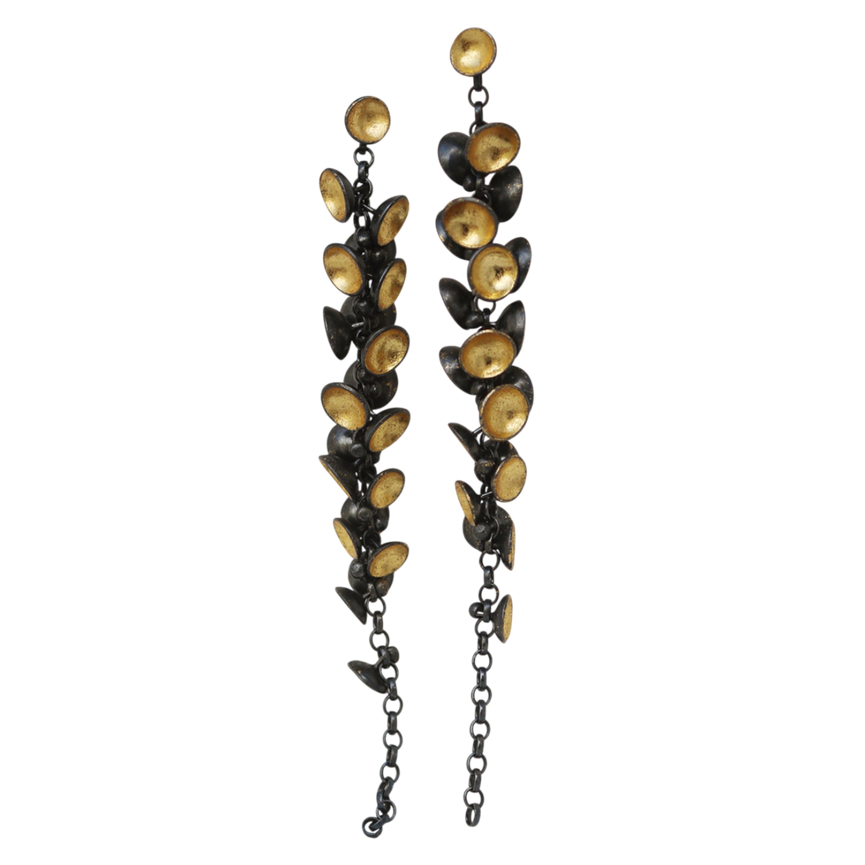 Jenifer Wall Oxidised Silver and Gold Leaf Pod Long Drop Earrings