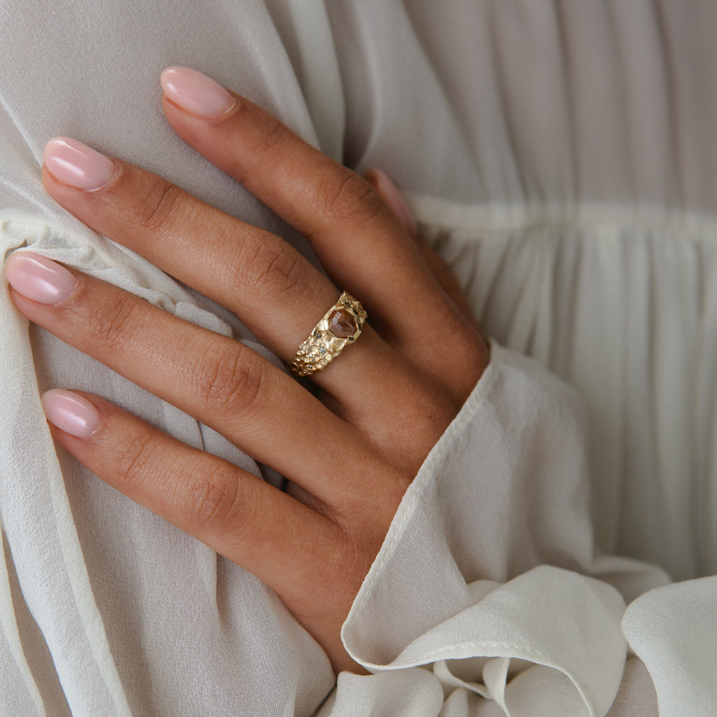 Yellow Gold Molten Ring set with a Brown Shield Rose Cut Diamond