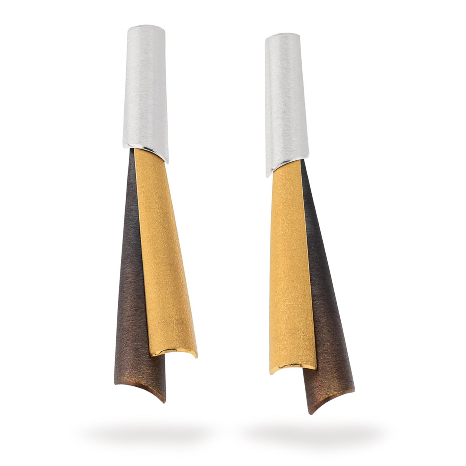 Deco Echo Cannoli Statement Earrings in Silver, Gold Plate and Brown Patina