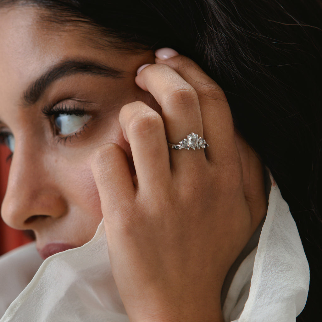 Unique Platinum Crown Ring set with Salt Pepper Diamonds