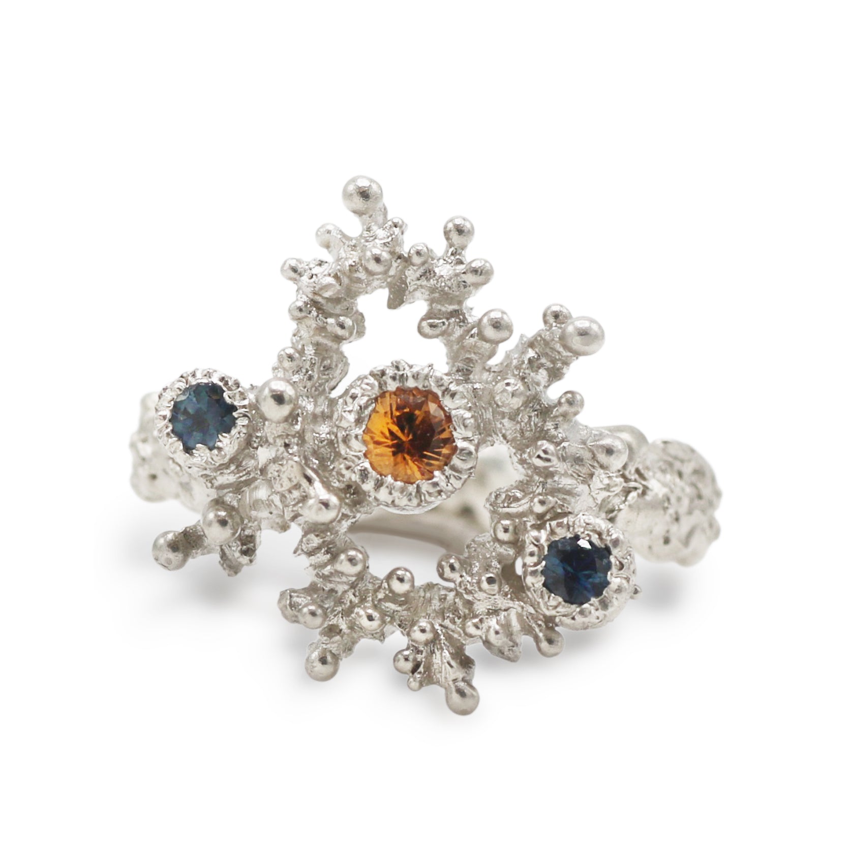 Lukas Svyba Silver Stamen Twilight Ring with Orange and Blue Sapphires