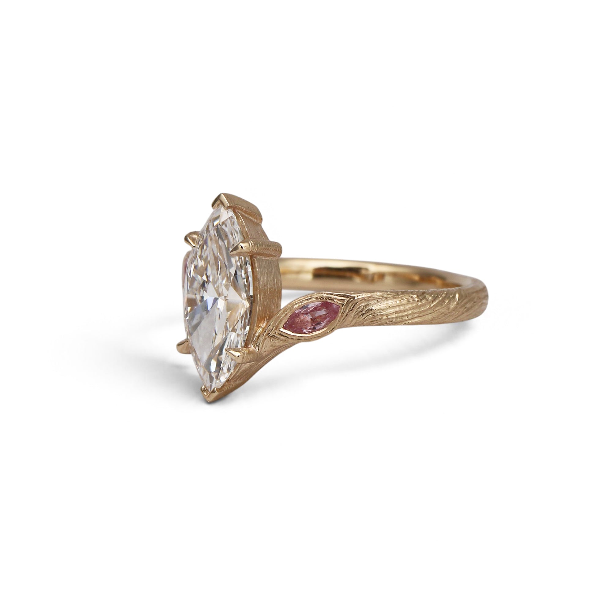 Bespoke 18ct Yellow Gold Ring with a Marquise Diamond and Pink Sapphires