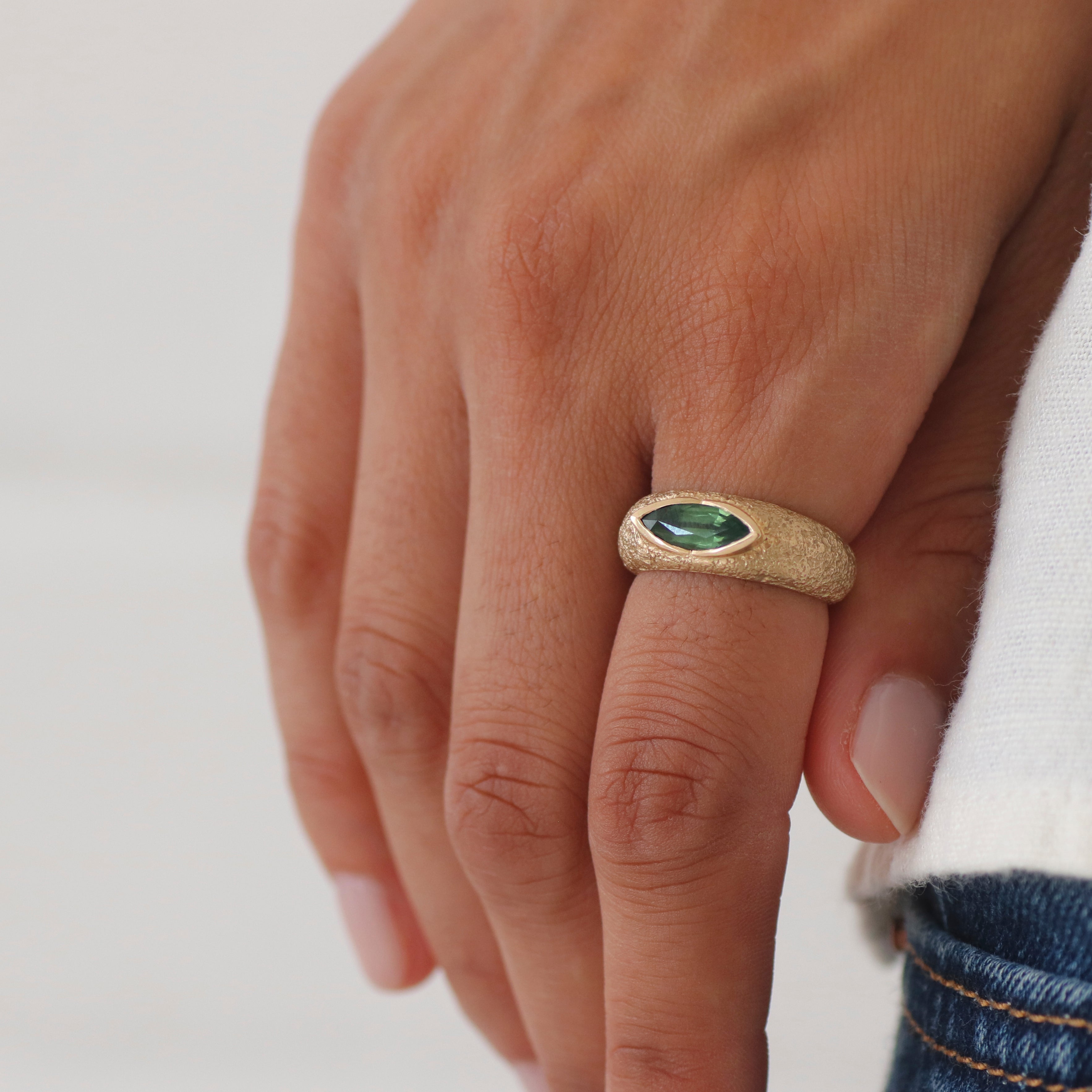 One-Of-A-Kind Marquise Green Sapphire Textured Ring