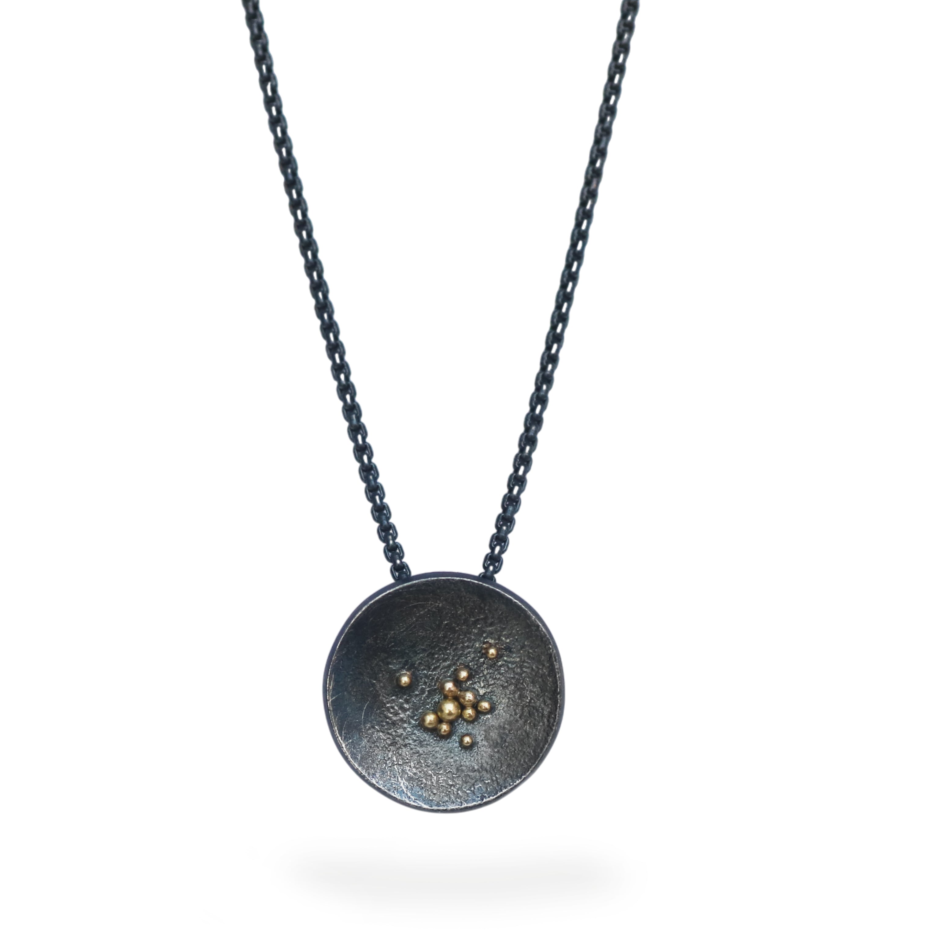 Jenifer Wall Oxidised Silver Dish Pendant with Yellow Gold Granules