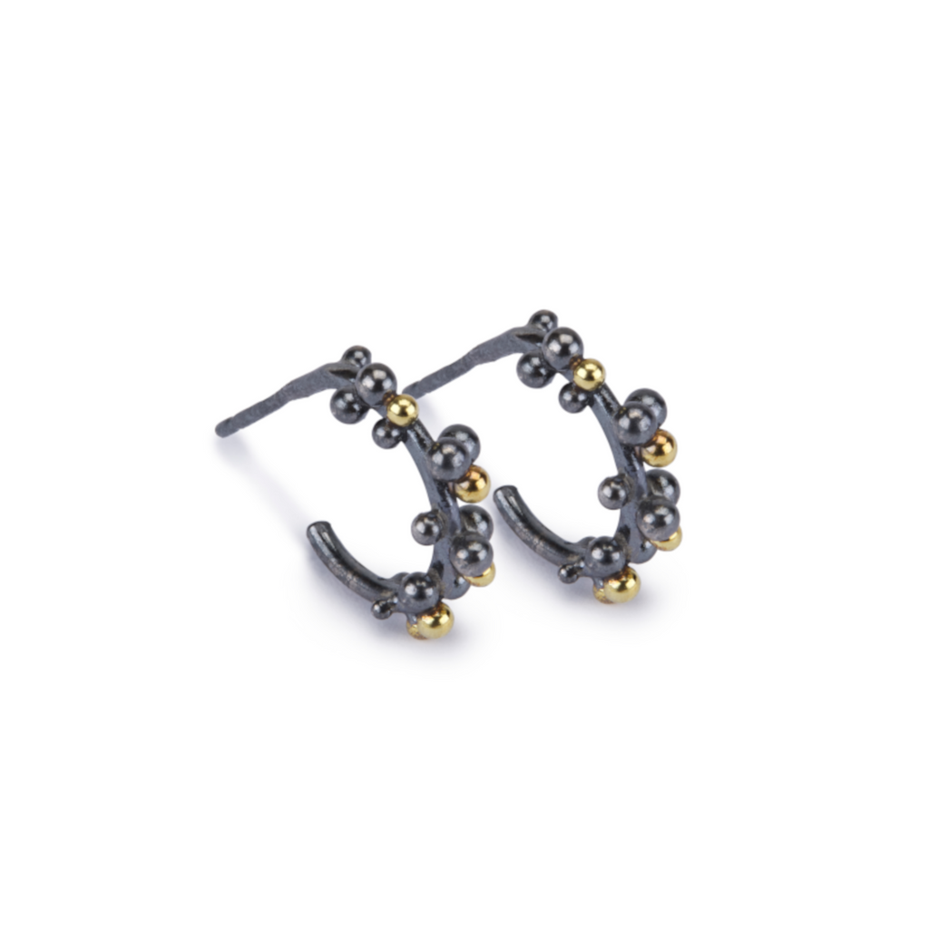 Hannah Bedford Oxidised Silver and Yellow Gold Petite Granule Hoops