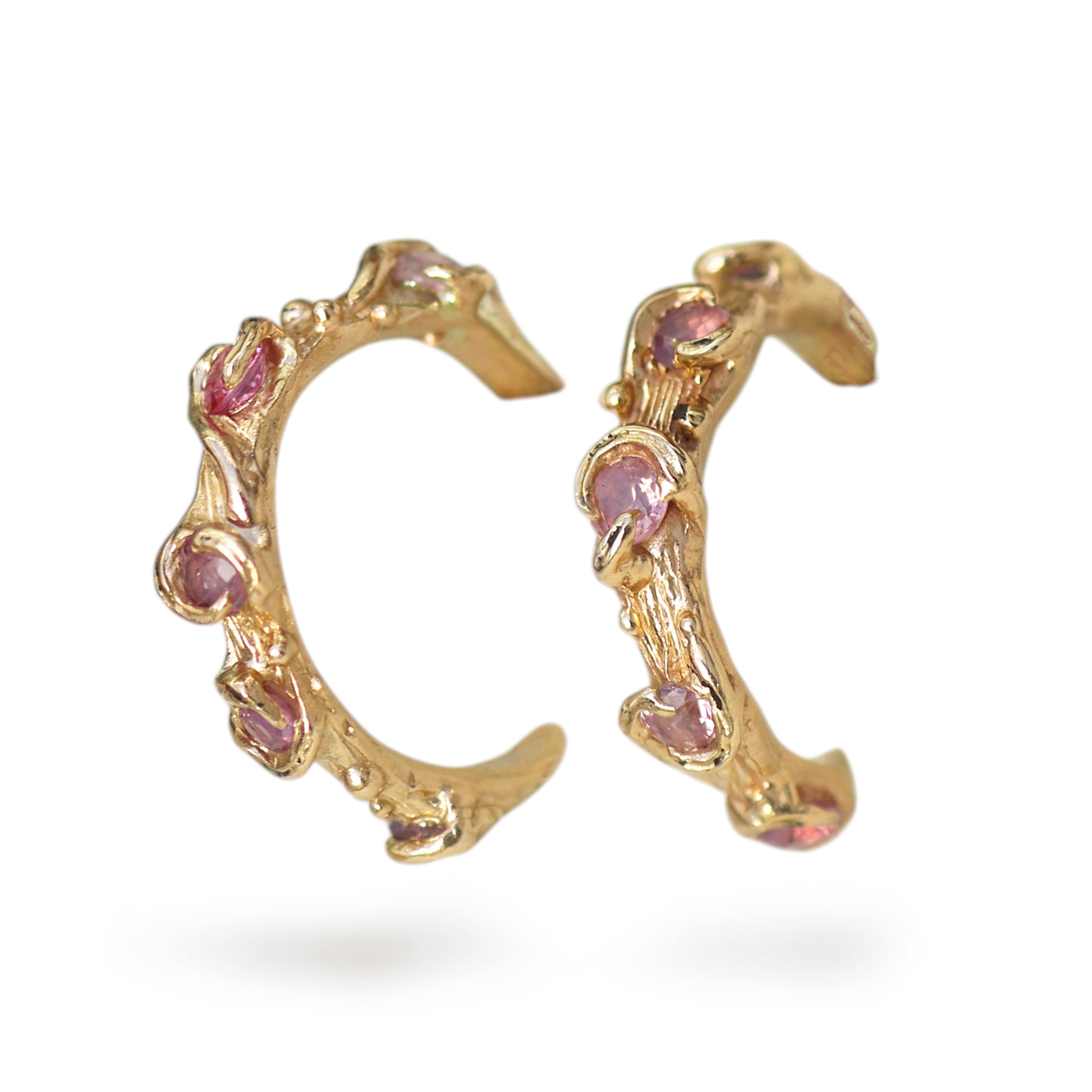Charlotte Rowenna Pink Sapphire Fae Swirl Hoops in 9ct Yellow Gold