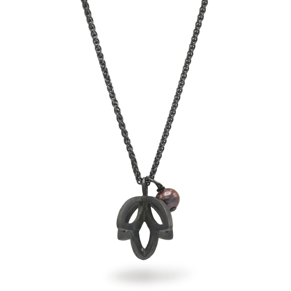 Jessica Hewitt Oxidised Silver Bud And Black Pearl Pendant