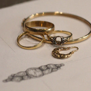 Design for jewellery remodelling with gold rings and a sketch by Diana Porter Contemporary Jewellery in Bristol