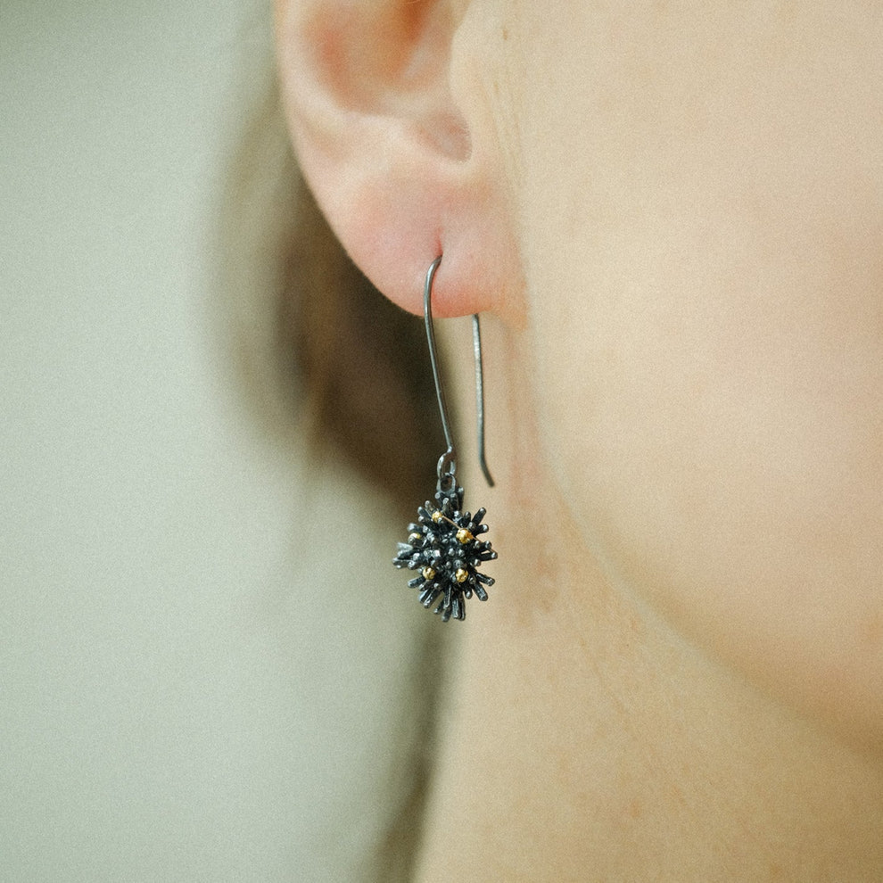 Hannah Bedford Oxidised Silver Urchin Drop Earrings with Yellow Gold Granules