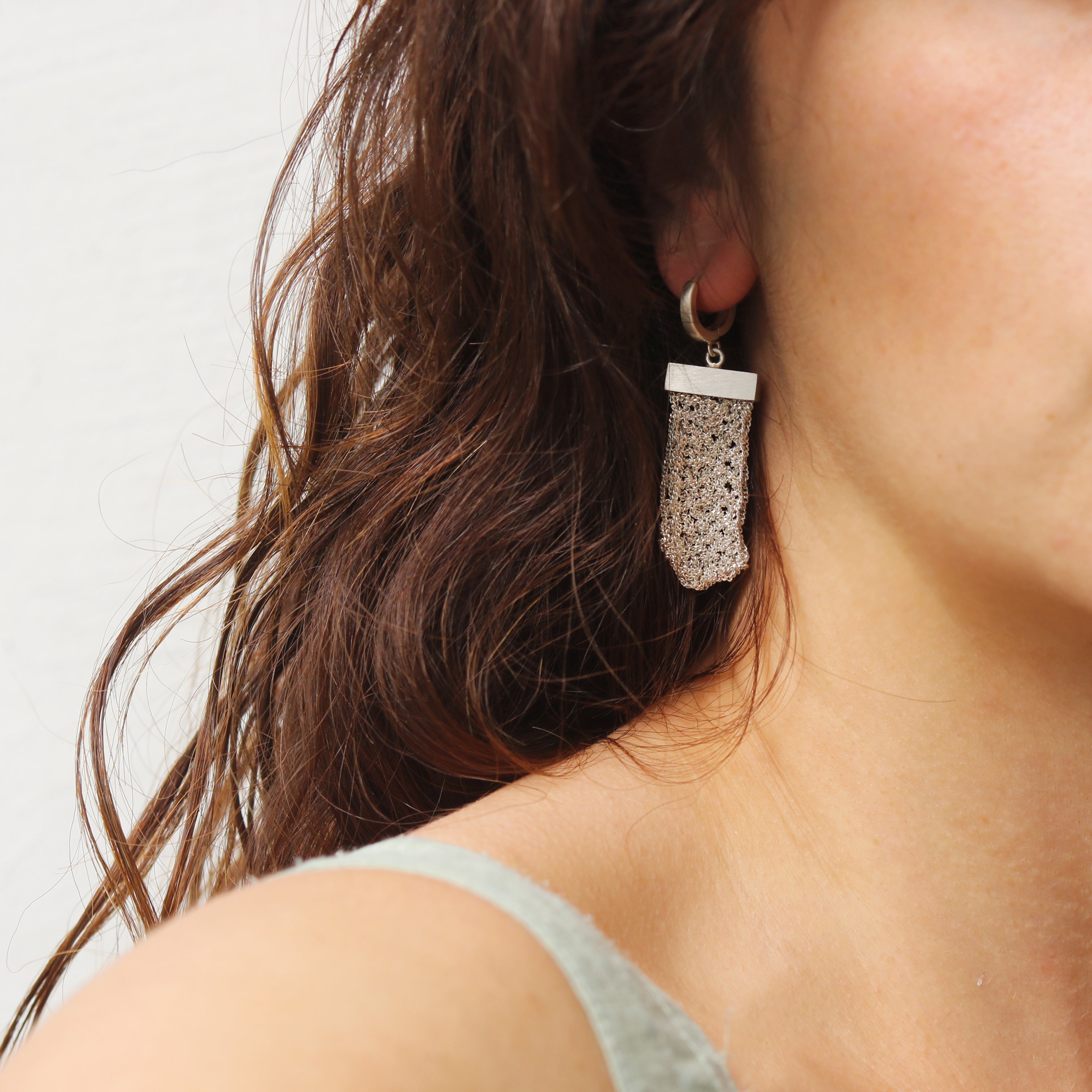 Maria Rzewuska Silver Woven Chain Hoop Drop Earrings