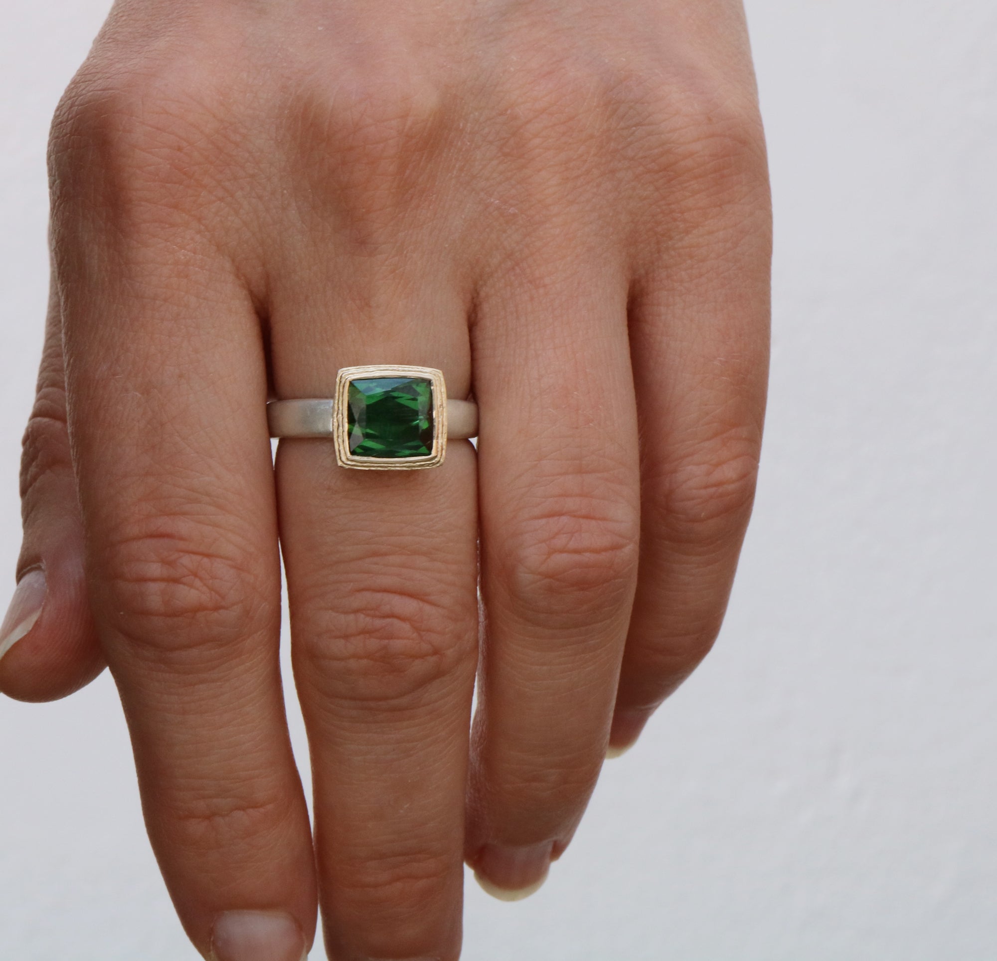 Silver and Yellow Gold Green Cushion Cut Diamond Ring