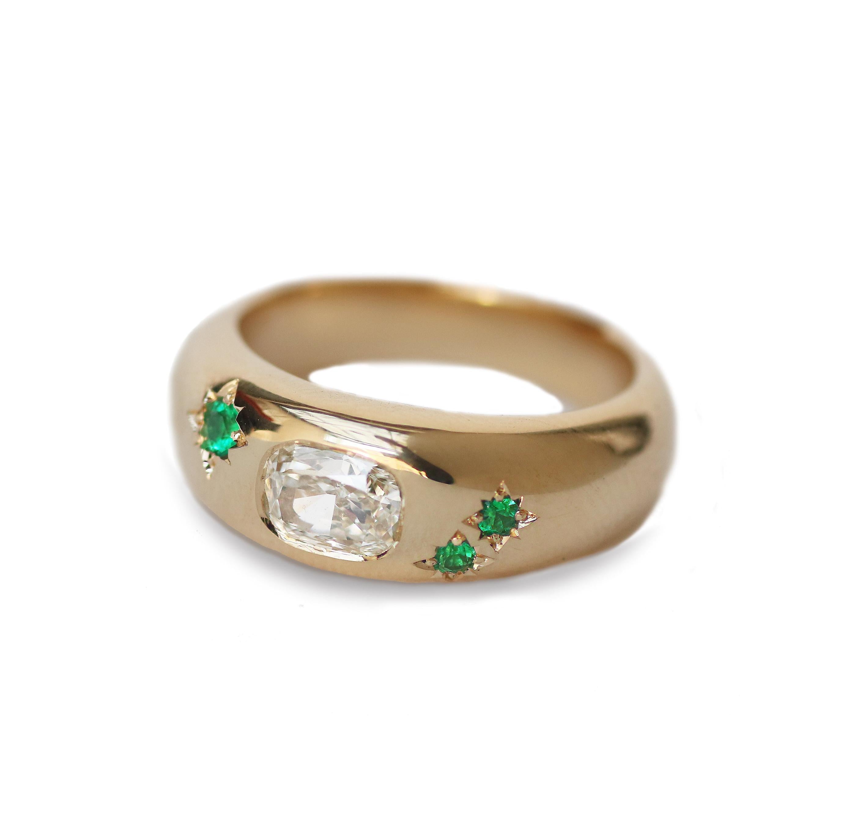Bespoke - 18ct Yellow Gold Dome Ring with Emeralds and Diamonds