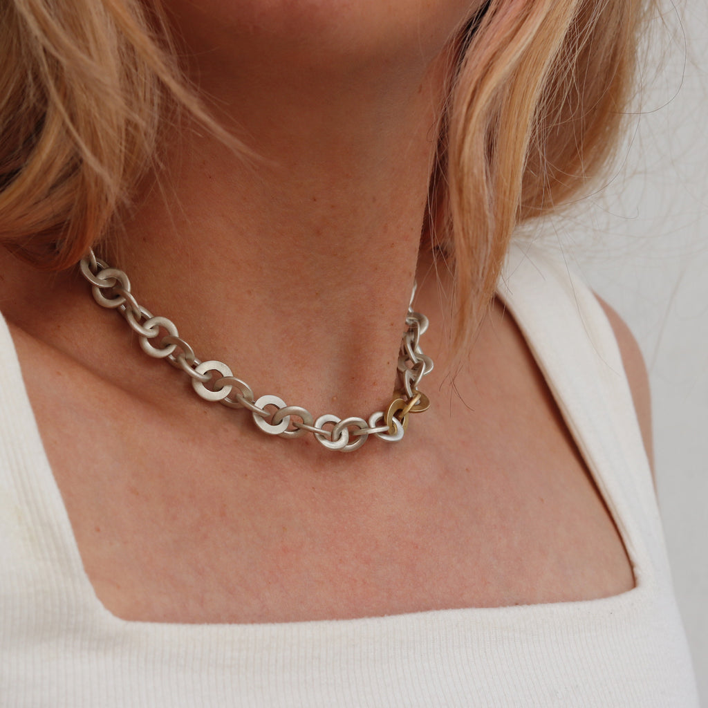 Silver Handmade Chain Necklace with Three Fairtrade 18ct Yellow Gold Links