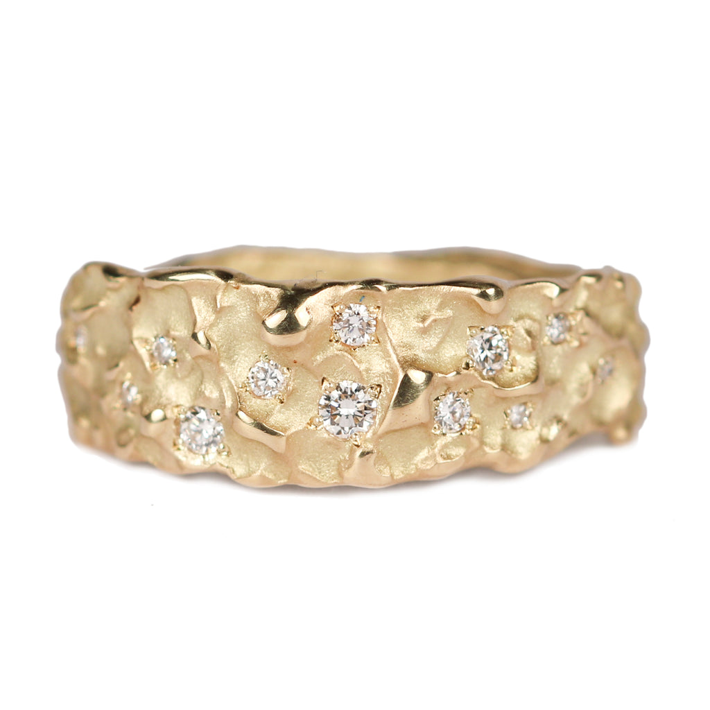 Bespoke - 18ct yellow gold textured gold and Diamond 'Molten' bespoke ring.