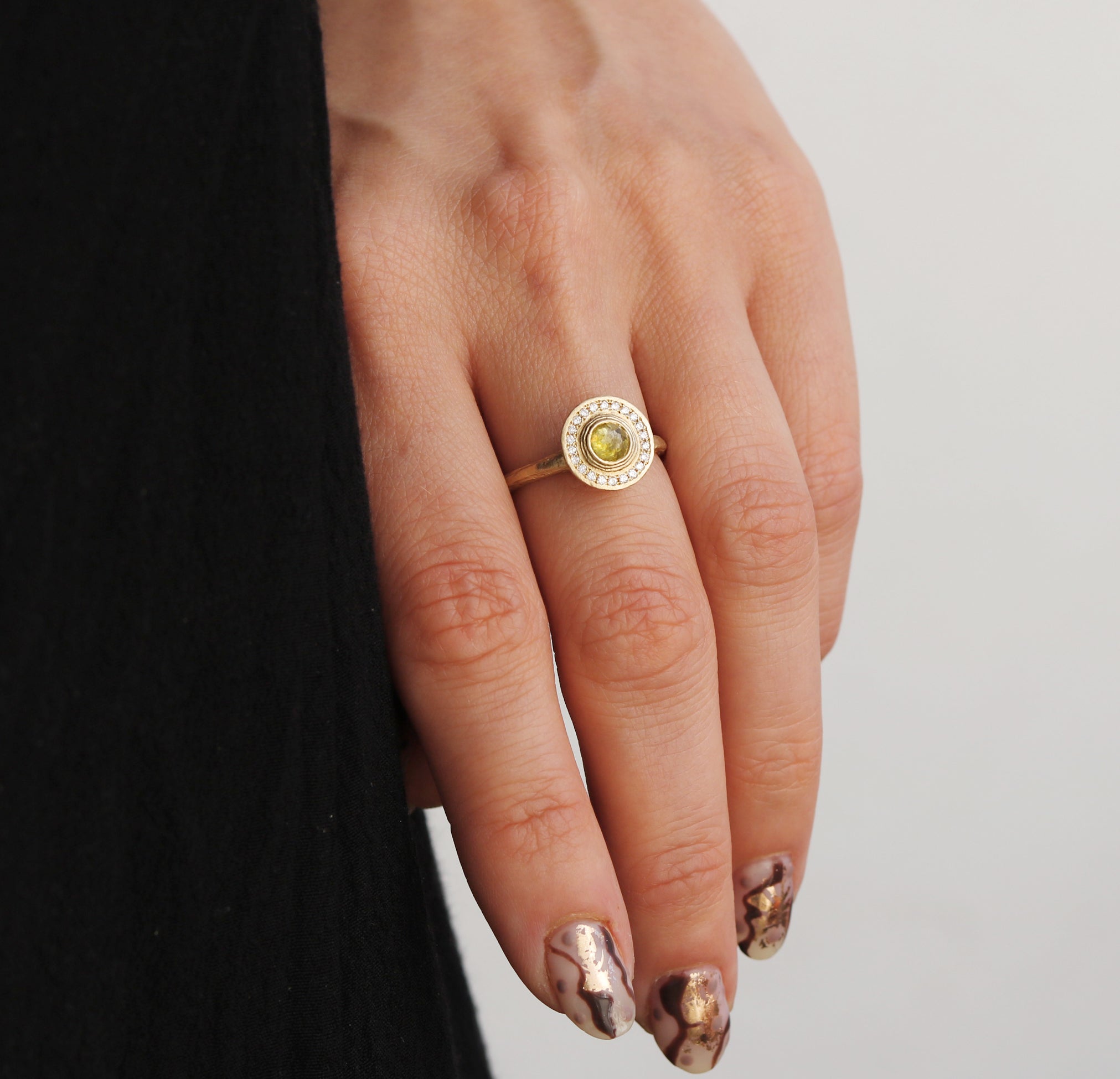 Modern Gold Halo Ring and White Diamonds with Yellow Rose Cut Diamond