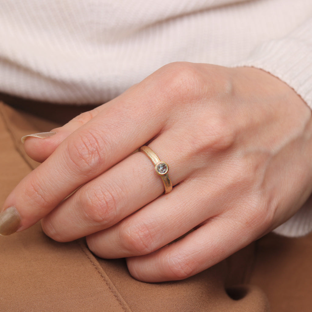 Textured Yellow Gold Ring with Salt & Pepper Rose Cut Diamond on hand 