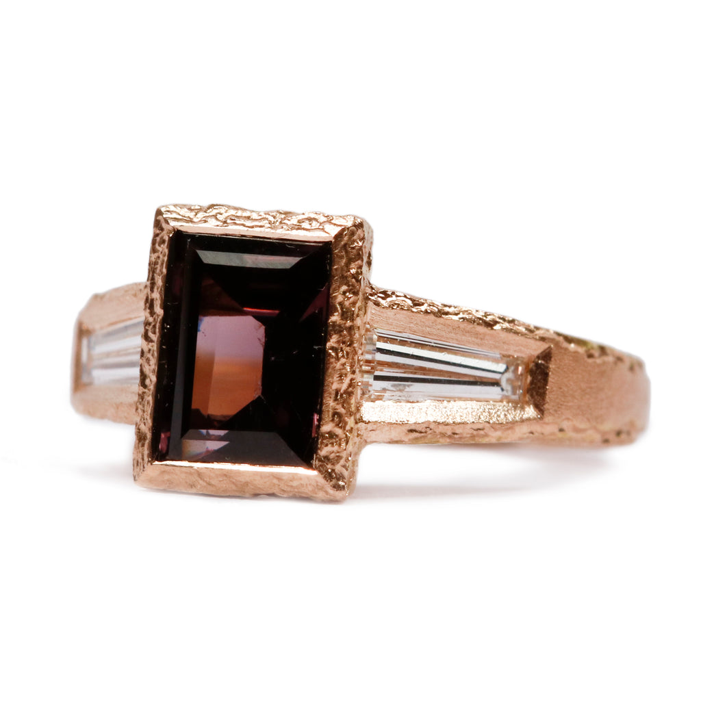 Bespoke - 18ct rose gold with purple spinel and baguette diamonds