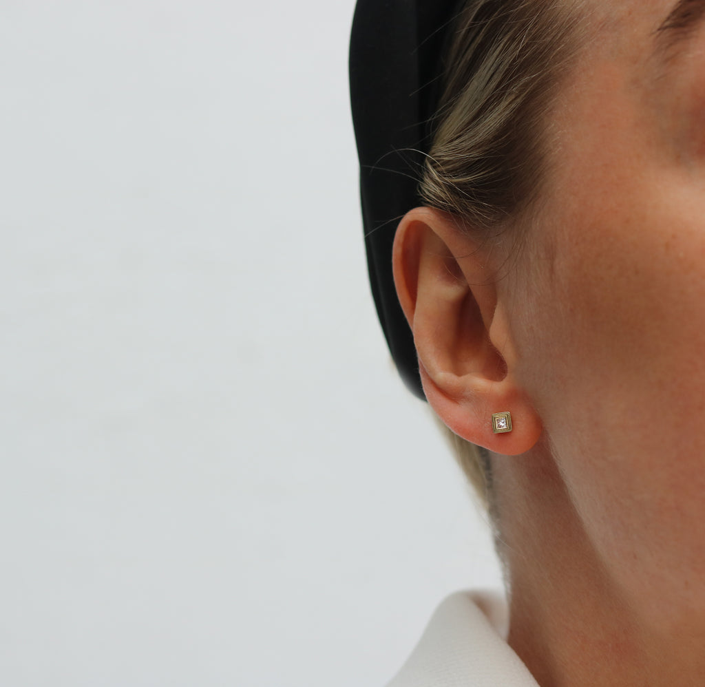 Fairtrade Gold Square Ear Studs with Champagne Diamonds