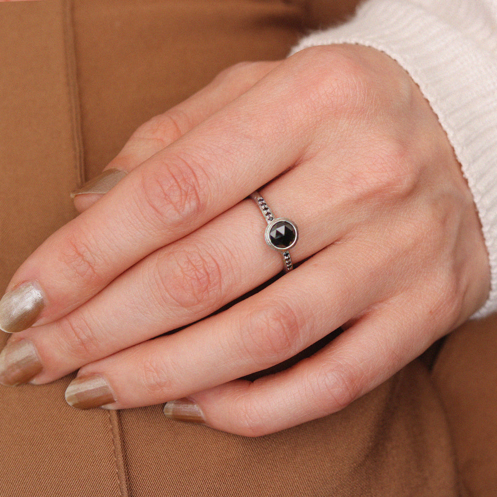 Platinum Ring Set with Large Rose Cut Black Diamond
