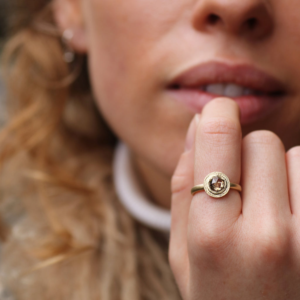 Yellow Gold Ring with a Rose Cut Champagne Diamond