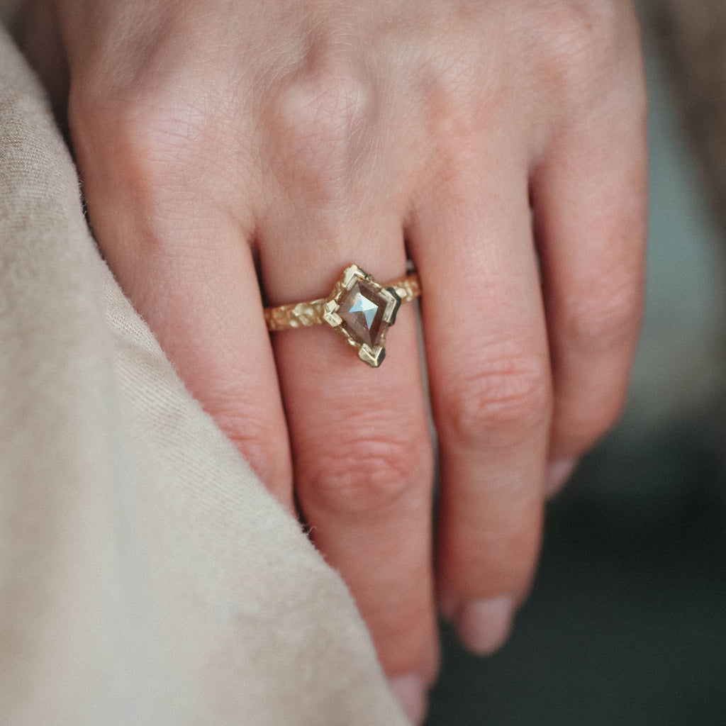 Yellow Gold Molten Ring Set with a Kite Rose Cut Diamond