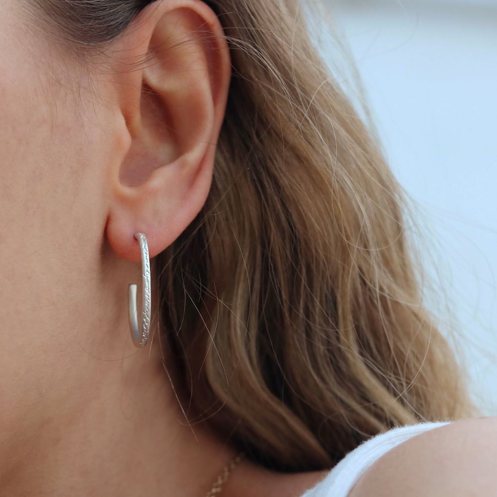 Silver Etched 'Being' Hoop Earrings