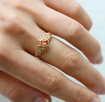 14ct Fairtrade Yellow Gold Ring Set with Peach Tourmaline and Champagne Diamonds