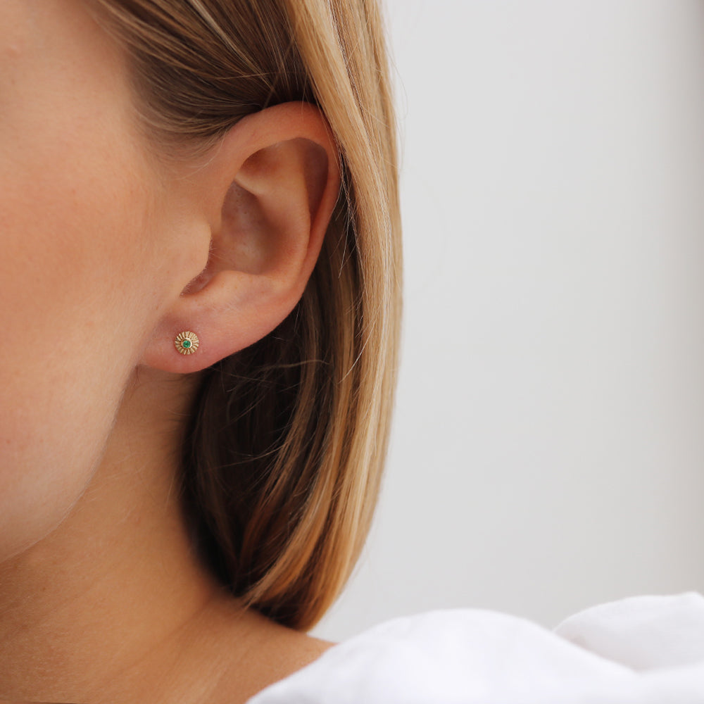 Mim Best 9ct Teeny Tiny Yellow Gold and Green Emerald Stamped Studs